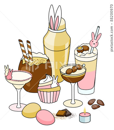 Easter holiday cocktail composition. Cute pink and yellow drinks in glasses decorated with sugar bunnies and chocolate eggs, bar shaker with rabbit ears, sweet garnish. Cartoon style illustration. 88200970
