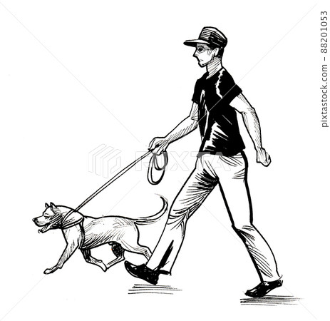 Young man walking with a dog on a leash. Ink black and white drawing 88201053