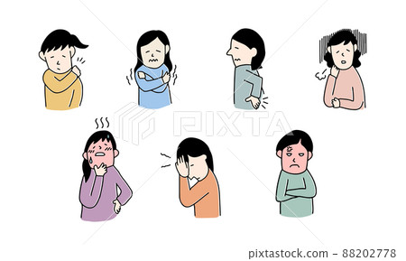 插圖集女性患有更年期症狀,如肩膀僵硬、感冒、潮熱、腰痛和荷爾蒙失調。 插圖集女性患有更年期症狀,如肩膀僵硬、感冒、潮熱、腰痛和荷爾蒙失調。 88202778