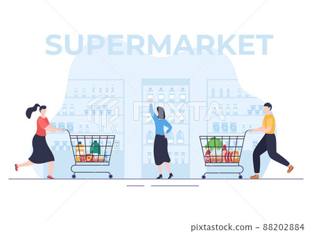Supermarket with Shelves, Grocery Items and Full Shopping Cart, Retail, Products and Consumers in Flat Cartoon Background Illustration 88202884