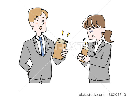 有薪水差異的商人（年輕男女） 可笑的手寫數字矢量，彩色線條圖 88203240