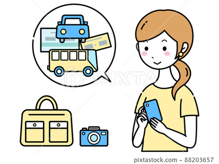 一位女士在她的智能手機上搜索租車或巴士旅行 一位女士在她的智能手機上搜索租車或巴士旅行 88203657