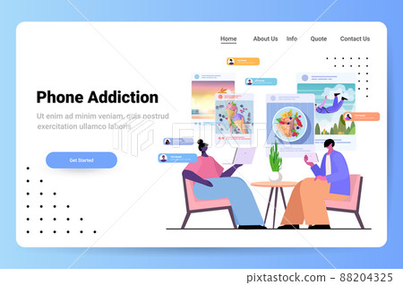 bloggers sharing and watching photos at social networks couple making posts for followers social media addiction bloggers sharing and watching photos at social networks couple making posts for followers social media addiction 88204325