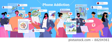 people bloggers sharing photos at social networks men women making posts for followers social media addiction 88204361