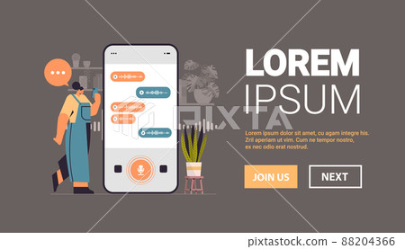 woman recording or listening voice messages on smartphone screen audio record sending online communication 88204366