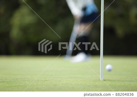 Young woman hitting the ball on the green 88204836