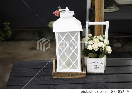 Empty table top and blurred swimming pool in tropical resort 88205299