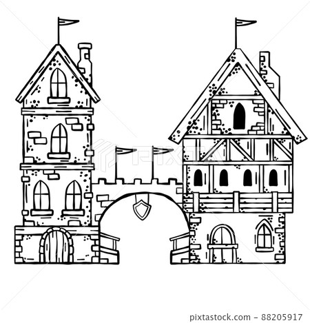 Old medieval town with gate and bridge. European cartoon city. Fairy tale fortress. Wooden German houses and street. Old medieval town with gate and bridge. European cartoon city. Fairy tale fortress. Wooden German houses and street. 88205917
