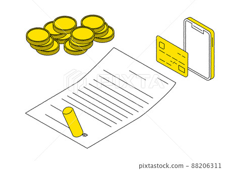 Isometric illustrations of seals, money, credit cards, smartphones Isometric illustrations of seals, money, credit cards, smartphones 88206311