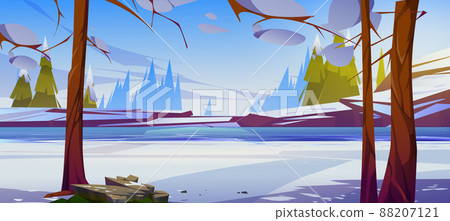 Winter landscape with frozen river Winter landscape with frozen river 88207121