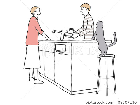 Couple + cat line drawing to clean up in the kitchen 88207180