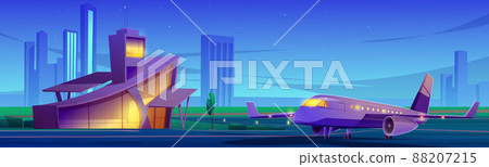 Airport terminal and private jet on runway strip Airport terminal and private jet on runway strip 88207215
