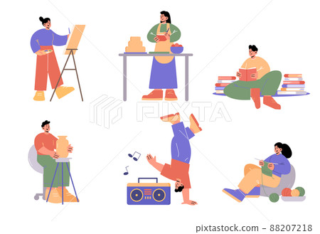 People doing hobbies, painting, cooking, knitting People doing hobbies, painting, cooking, knitting 88207218