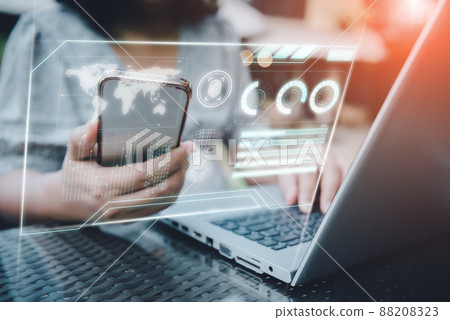 Technology Facial Recognition and Artificial Intelligence Personal Identify for Access Database Via Mobile Phone. Businesswoman Accessing Privacy Information While Verification Facial Ai Scanning. 88208323