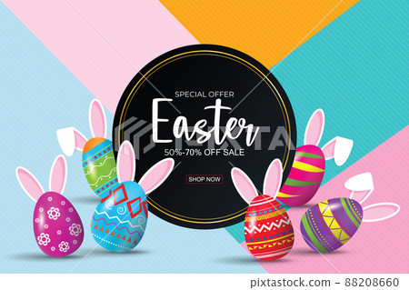Easter sale banner background template with beautiful colorful spring flowers,eggs and rabbit. Vector illustration. Easter sale banner background template with beautiful colorful spring flowers,eggs and rabbit. Vector illustration. 88208660