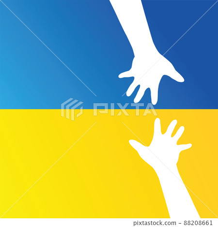 Help Ukraine. Two Hands on Ukraine flag . Save Ukraine. Pray for Ukraine. Stop War. Vector Illustration 88208661