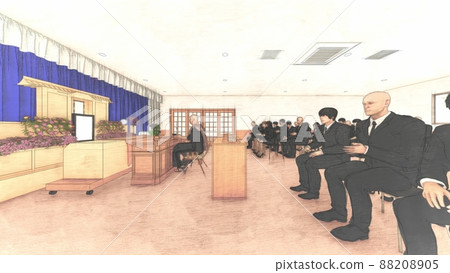 Funeral hall with people CG illustration 88208905