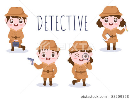 Children's Cartoon Private Investigator or Detective Who Collects Information to Solve Crimes with Equipment such as Magnifying Glass and Other in Background Illustration 88209538