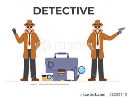 Private Investigator or Detective Who Collects Information to Solve Crimes with Equipment such as Magnifying Glass, Handcuffs and Other in Cartoon Background Illustration Private Investigator or Detective Who Collects Information to Solve Crimes with Equipment such as Magnifying Glass, Handcuffs and Other in Cartoon Background Illustration 88209540