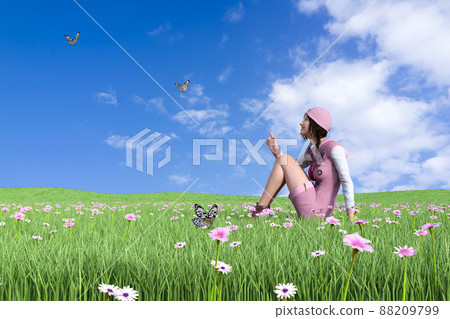A woman who sits in a triangle in a field where cosmos blooms and enjoys spending time while being swayed by the breeze. 88209799