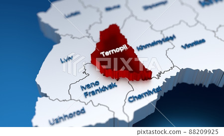 Stylish 3D map of Ukraine with Ternopil region at focus highlighted in red Stylish 3D map of Ukraine with Ternopil region at focus highlighted in red 88209925