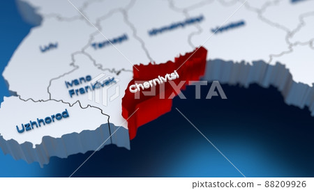 Stylish 3D map of Ukraine with Chernivtsi region at focus highlighted in red Stylish 3D map of Ukraine with Chernivtsi region at focus highlighted in red 88209926