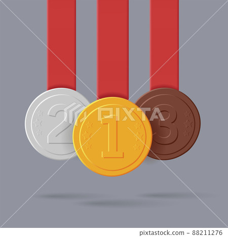 Gold, silver and bronze medals with red ribbons hang from top, 3d win label Gold, silver and bronze medals with red ribbons hang from top, 3d win label 88211276