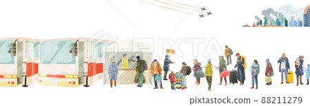 撤離人員在巴士上排隊的手繪水彩風格插圖 撤離人員在巴士上排隊的手繪水彩風格插圖 88211279