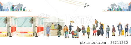 Hand-painted watercolor-style illustrations of evacuees lined up on the bus Hand-painted watercolor-style illustrations of evacuees lined up on the bus 88211280