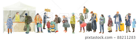 Hand-painted watercolor-style illustrations of evacuees lined up Hand-painted watercolor-style illustrations of evacuees lined up 88211283