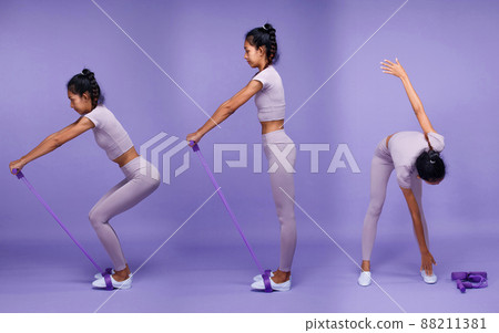 Collage Full length body of Asian slim tanned skin Fitness woman exercise warm up stretch ABS arms Collage Full length body of Asian slim tanned skin Fitness woman exercise warm up stretch ABS arms 88211381