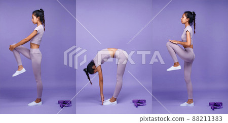 Collage Full length body of Asian slim tanned skin Fitness woman exercise warm up stretch ABS arms Collage Full length body of Asian slim tanned skin Fitness woman exercise warm up stretch ABS arms 88211383