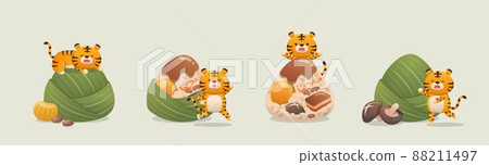 4 cute tigers and traditional Chinese food for Dragon Boat Festival: zongzi, sticky rice wrapped in bamboo leaves 88211497