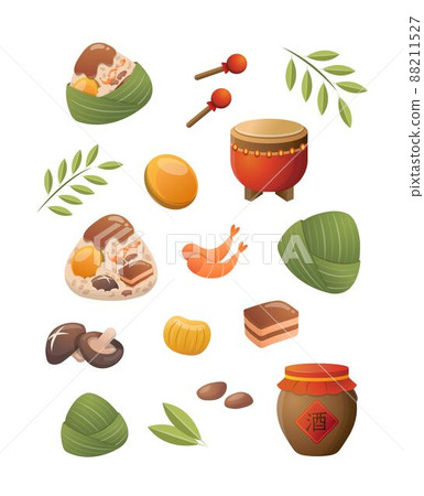 中國端午節傳統元素:粽子與鼓與酒與竹葉,美味的糯米食物搭配蛋黃,蝦子,香菇,栗子,花生,豬肉,隔絕 中國端午節傳統元素:粽子與鼓與酒與竹葉,美味的糯米食物搭配蛋黃,蝦子,香菇,栗子,花生,豬肉,隔絕 88211527