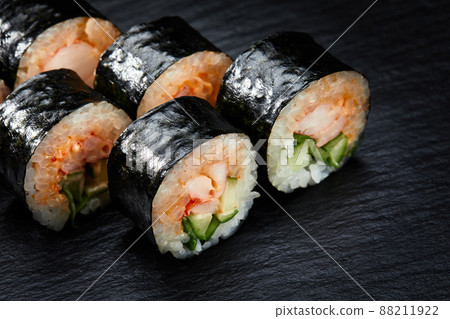 Sushi rolls, traditional Japanese food rice, nori and seafood, menu concept. food background. copy space. Roll kani saki maki 88211922