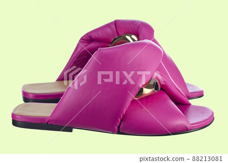 Infinitely beautiful women's sandals made of genuine fuchsia leather, decorated with large links of a gold chain, isolated on a soft-green background. Fashionable shoes. Side view. Infinitely beautiful women's sandals made of genuine fuchsia leather, decorated with large links of a gold chain, isolated on a soft-green background. Fashionable shoes. Side view. 88213081