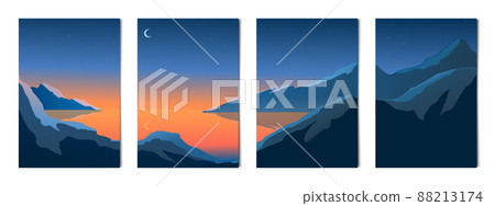 Set of 4 night scenery of mountains and lake - Vector 88213174