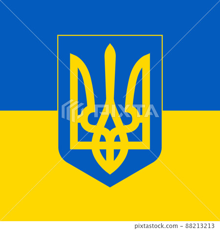 The official coat of arms of the independent country of Ukraine on the background of the flag - Vector 88213213