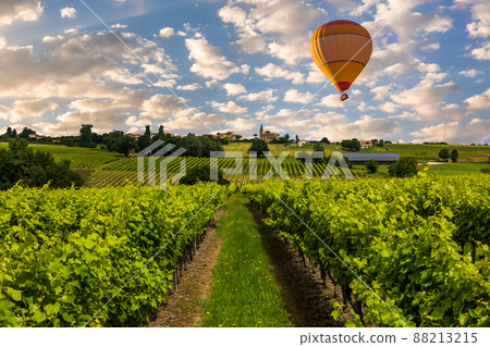 Hot air balloon over the mountains and vineyards. Bordeaux, France. 88213215