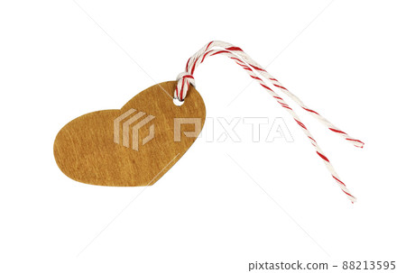 Wooden heart shape label on red and white cotton rope isolated on white 88213595