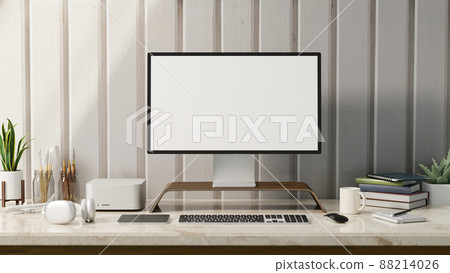Stylish white workspace with pc computer mockup on marble table against white wall. 88214026