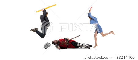 Attack. Young male and female office managers and medieval knights isolated on white background. Concept of eras comparison, business 88214406