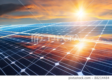 Photo collage of sunset and solar panel, photovoltaic, alternative electricity source - concept of sustainable resources 88214484