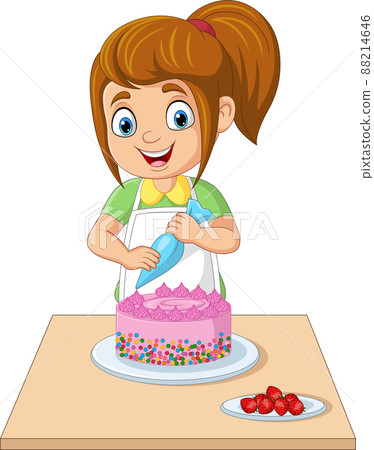 Cartoon girl decorating a birthday cake 88214646