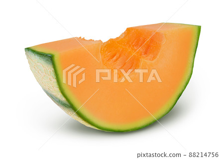 Cantaloupe melon piece isolated on white background with clipping path and full depth of field. 88214756