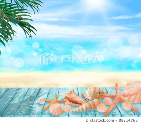 Beautiful frame material of starfish, shells and palm trees and shimmering waves of the sea on a wooden deck under the summer sun and blue sky 88214768