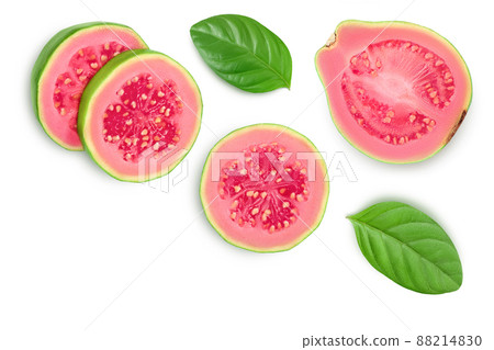 Guava fruit with slices isolated on white background. Top view with copy space for your text. Flat lay 88214830