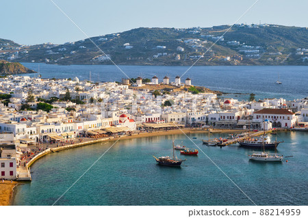 Mykonos island port with boats, Cyclades islands, Greece Mykonos island port with boats, Cyclades islands, Greece 88214959