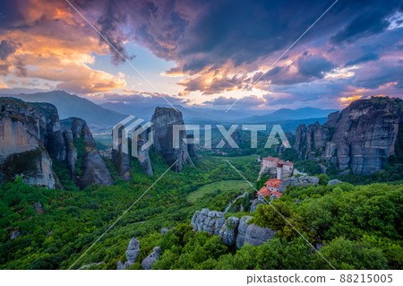 Sunset sky and monasteries of Meteora 88215005