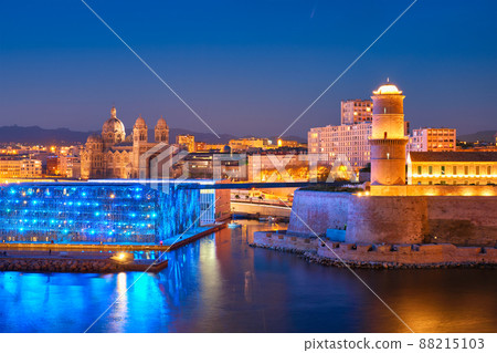Marseille Old Port and Fort Saint-Jean in night. France 88215103